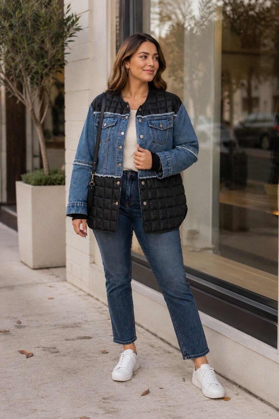 Danica Mixed Media Denim Quilted Jacket Plus 3X